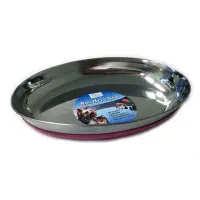 Kattmatskål rostfri låg kant med rosa antislip